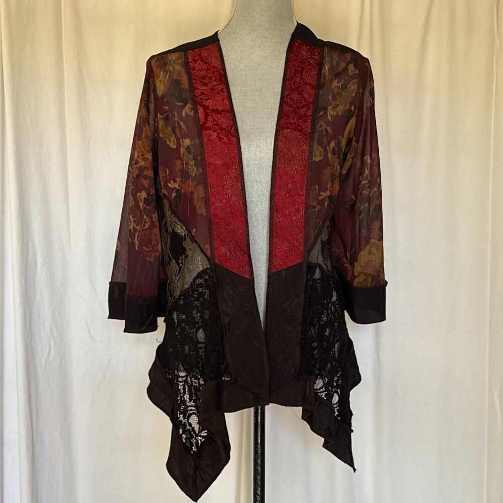 Vtg Studio VK Floral Kimono Cardigan Jacket Top Embroidered blk burg gold PL